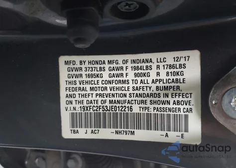 2018 Honda Civic Lx z USA, uszkodzony, nr VIN 19XFC2F53JE012216